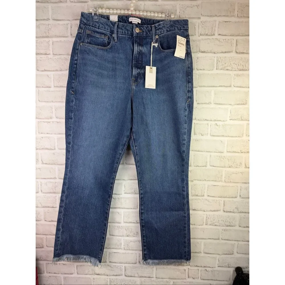 New Good American Good Boy Jeans GBFH134T Size 14 Raw Fray Hem High Waist
